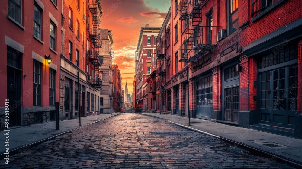 Urban Alleyway at Sunset: Red Brick Buildings, Empty Street, Fire Escape Urban Alleyway at Sunset: Red Brick Buildings, Empty Street, Fire Escape