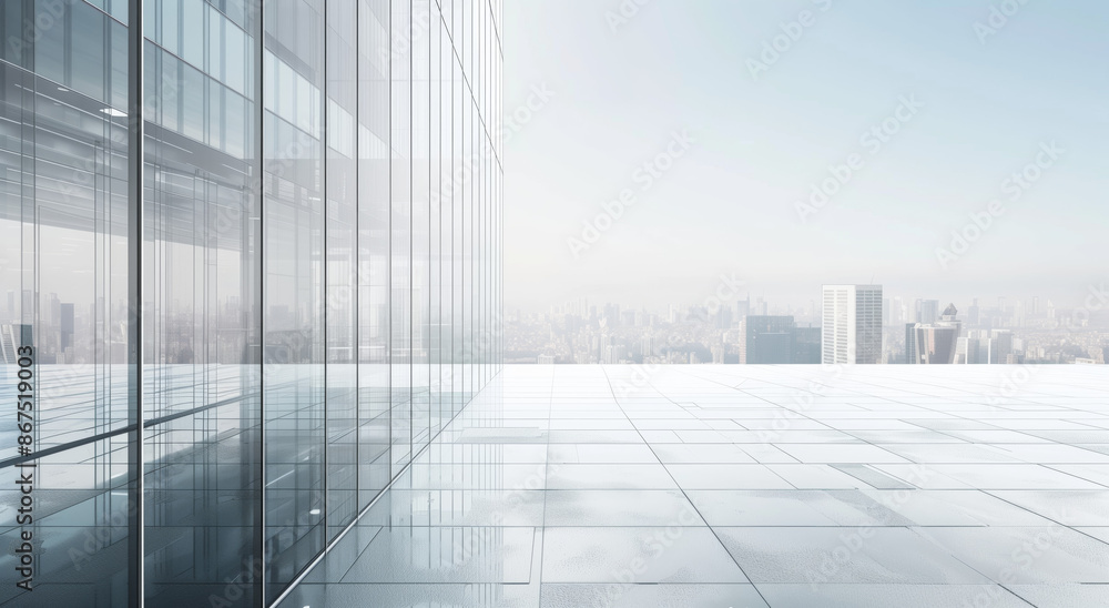 Modern glass office building exterior with city skyline in the background. Urban architecture and corporate concept Modern glass office building exterior with city skyline in the background. Urban architecture and corporate concept