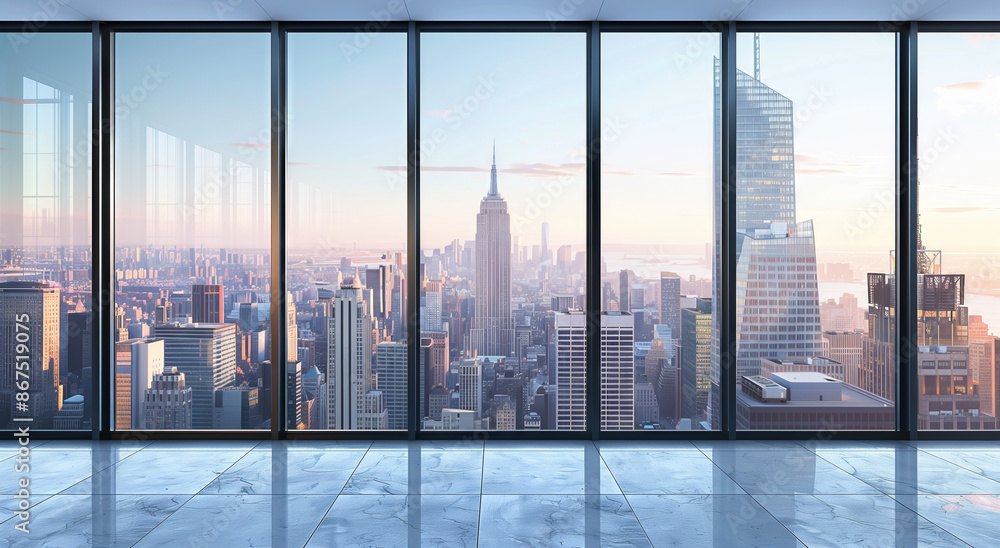 Empty modern office space with large windows overlooking New York City ...