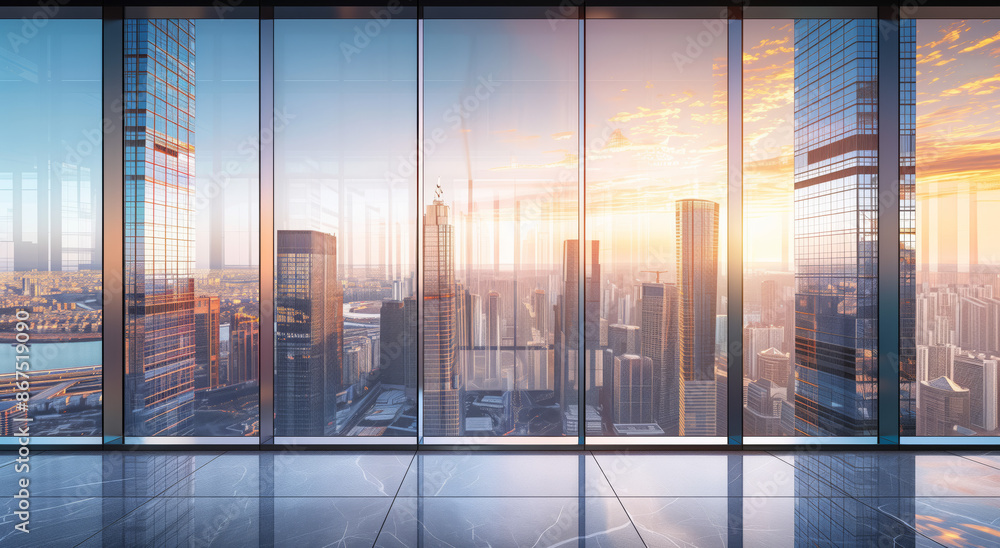 Fototapeta premium Modern office space with floor-to-ceiling windows offering a stunning sunset view over a cityscape of skyscrapers and buildings. 