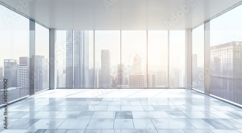Empty modern office space with large windows overlooking city skyline. Urban architecture and corporate environment concept