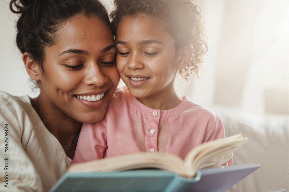 Portrait of a young African American mother and her daughter reading a book together at home Portrait of a young African American mother and her daughter reading a book together at home