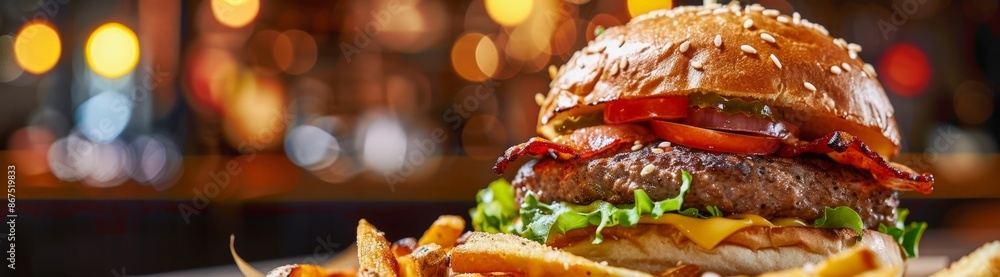 Gourmet Burger with Cheese, Bacon, and Lettuce on a Brioche Bun Gourmet Burger with Cheese, Bacon, and Lettuce on a Brioche Bun