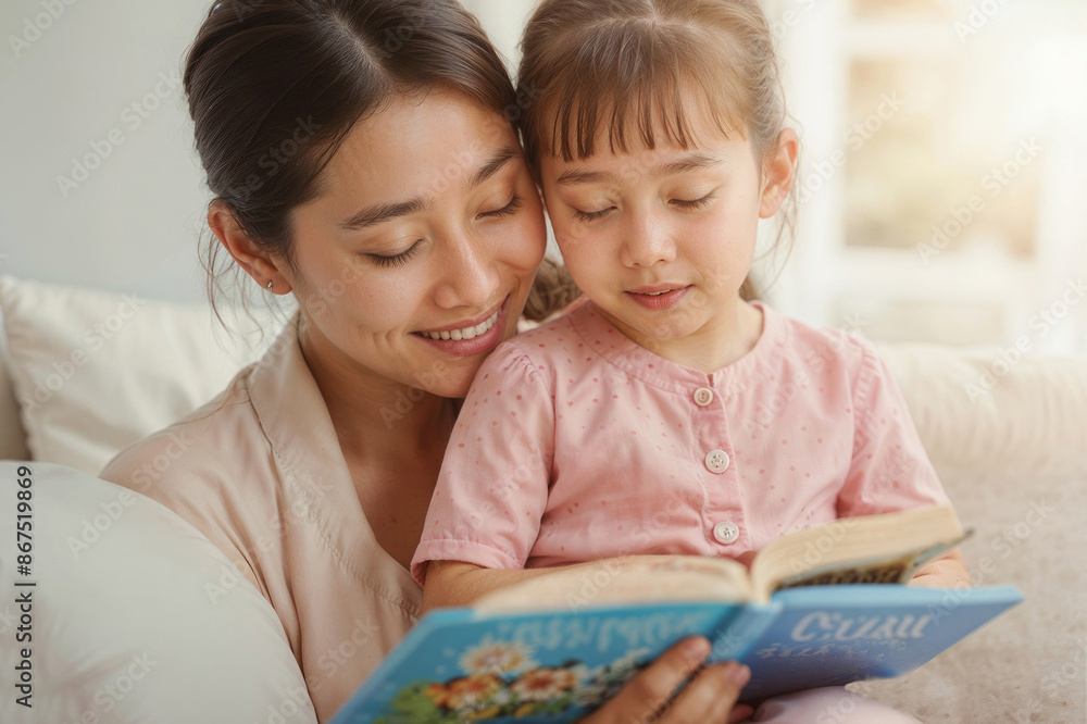 Portrait of happy Asian woman and a child are sitting on a couch reading a book together. The book is open to a page with a picture of a flower Portrait of happy Asian woman and a child are sitting on a couch reading a book together. The book is open to a page with a picture of a flower