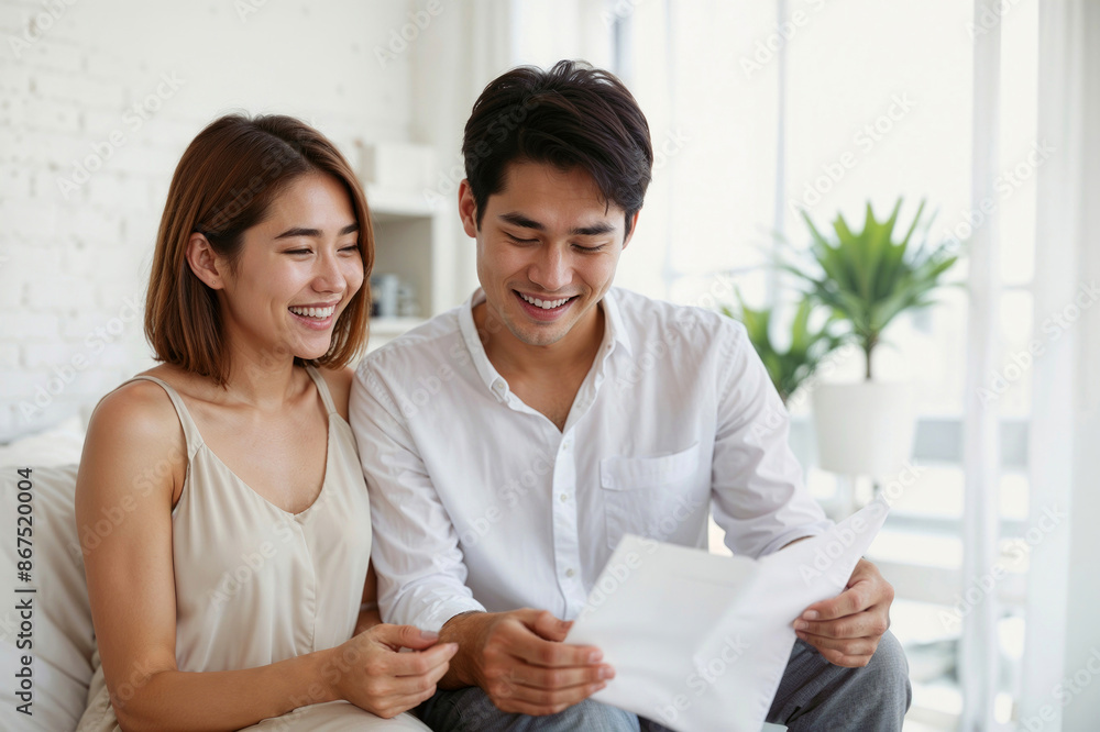 Happy Asian couple is sitting on a couch, with a man holding a document and reading a good news of letter. Concept of warmth, happiness and success Happy Asian couple is sitting on a couch, with a man holding a document and reading a good news of letter. Concept of warmth, happiness and success