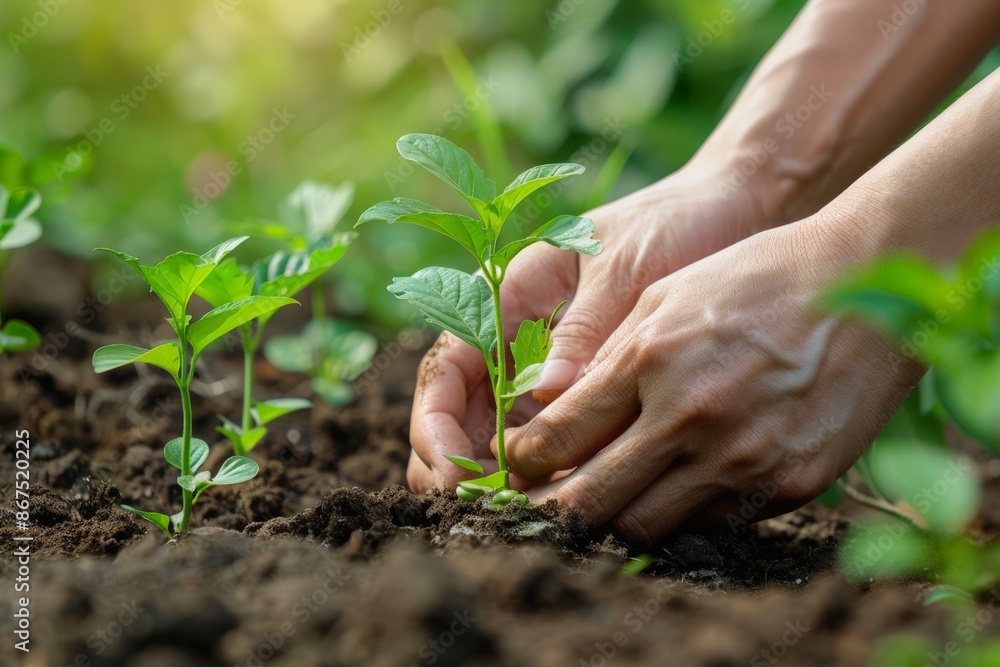 Gardener's Hand Tending to Seedlings in Soil Gardener's Hand Tending to Seedlings in Soil