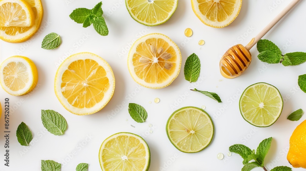 Fresh citrus fruits and herbs on white background. Lemon, lime slices and mint leaves. Minimalist food composition. Flat lay style for healthy eating concepts. Perfect for stock photos and blogs. AI Fresh citrus fruits and herbs on white background. Lemon, lime slices and mint leaves. Minimalist food composition. Flat lay style for healthy eating concepts. Perfect for stock photos and blogs. AI