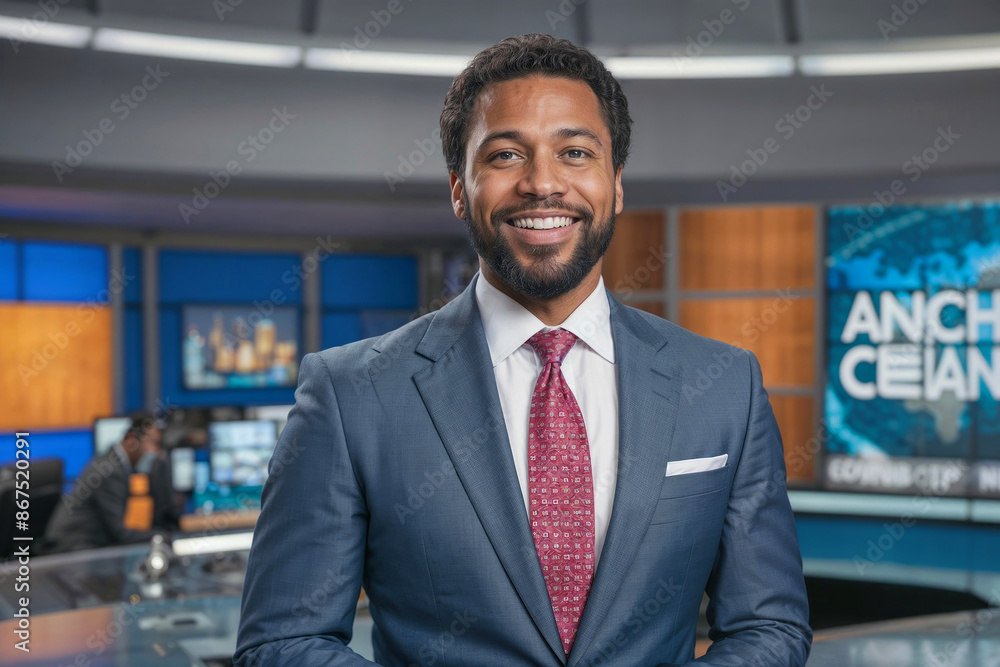 Anchorman reporting tv live news evening program. Presenter talking television Anchorman reporting tv live news evening program. Presenter talking television