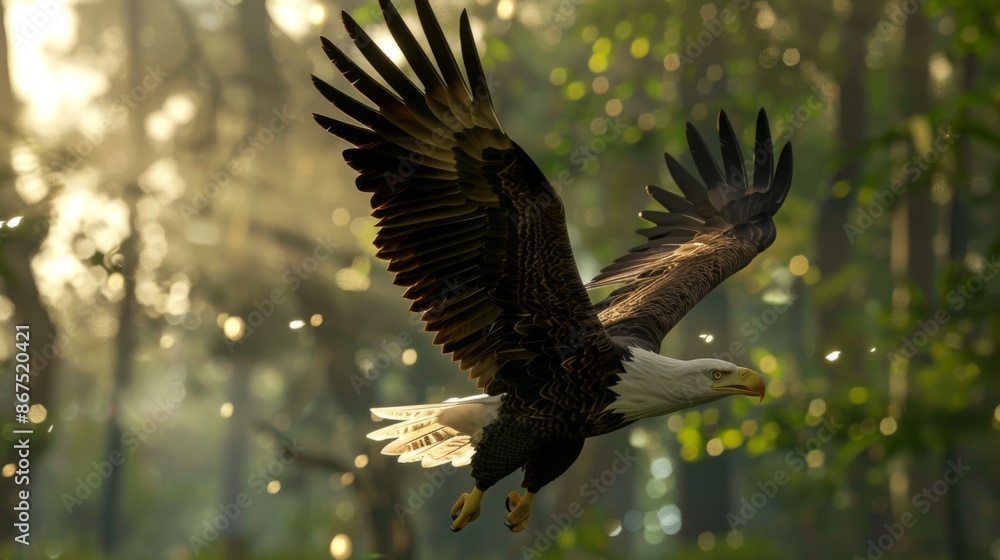 Obraz premium A bald eagle gracefully glides through a forest with rays of sunlight filtering through the trees, highlighting the bird's detailed feathers and sharp eyes.