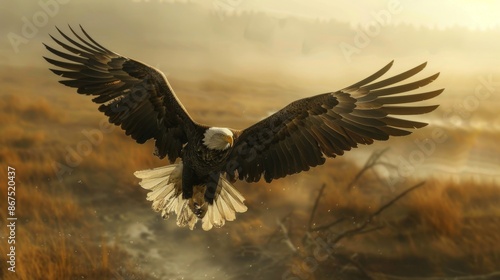 Wallpaper Mural A bald eagle flying low over a golden autumn meadow at sunrise, with mist creating a serene atmosphere, capturing the essence of morning beauty and wilderness. Torontodigital.ca