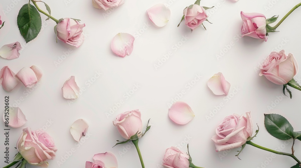 Pale pink roses on white background with copy space Top view holiday theme Pale pink roses on white background with copy space Top view holiday theme