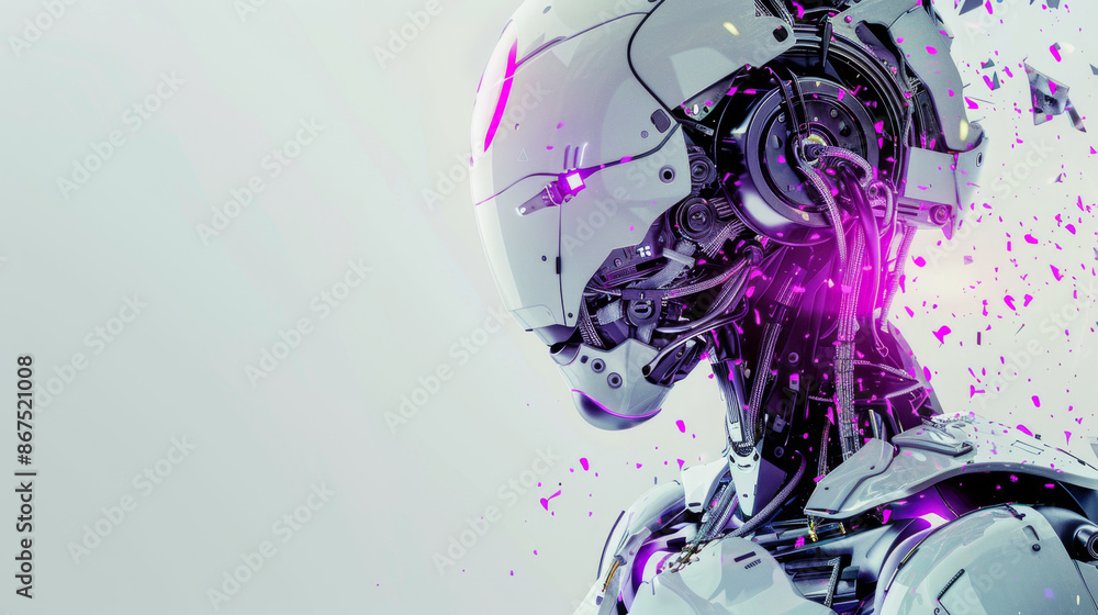 Fototapeta premium Artificial Intelligence cyber human robot is from metal chrome material and neon purple glowing elements on grey background. Futuristic modern technology concept.