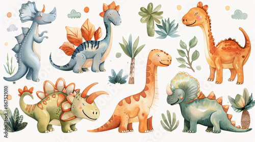 Fototapeta Naklejka Na Ścianę i Meble -  Watercolor cartoon dinosaur set featuring various species on white background