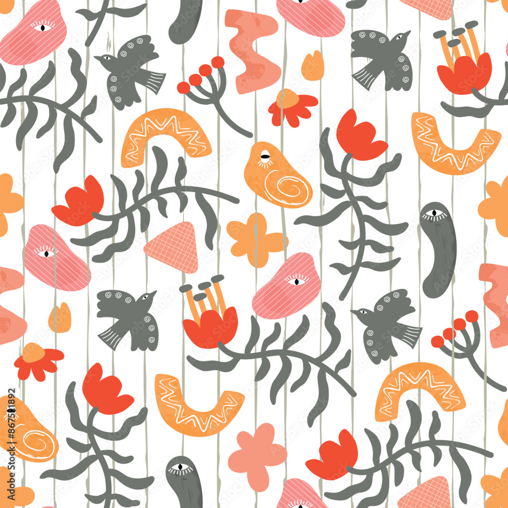 Obraz premium Folk abstract seamless pattern.Grunge shapes with ornament,floral elements and flying birds.White background with gray line.Vector design for printing on fabric and paper.Endless wallpaper,cover.