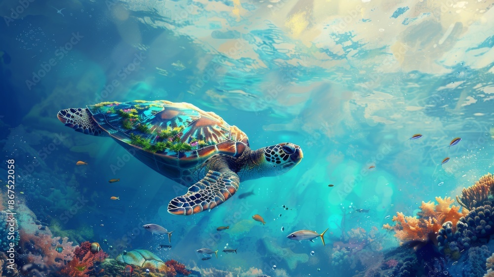 Obraz premium Imagen vibrante de tortuga marina nadando en colorido arrecife de coral, con peces y anémonas, destacando la belleza exótica y biodiversidad del hábitat oceánico.
