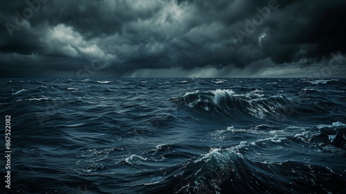 An evocative seascape showcasing the dark ocean swelling ominously under a sky heavy with storm clouds, encapsulating the somber and unpredictable mood of the natural world.