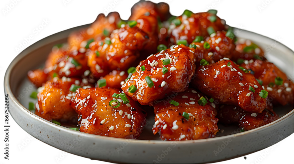 A close-up of soy garlic Korean fried chicken with sesame seeds, glossy glaze on white A close-up of soy garlic Korean fried chicken with sesame seeds, glossy glaze on white