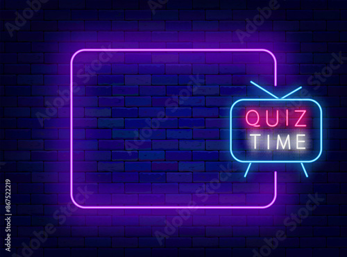 Quiz time neon announcement. Guess song trivia night poster. Empty purple frame. Vector stock illustration