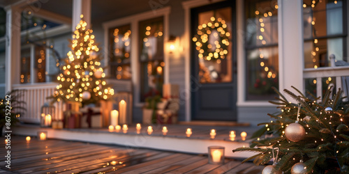 Lux front porch entry door Christmas tree warm lights garland lantern festive cozy welcoming holiday decor charming rustic home exterior night elegant seasonal inviting warm glow entrance wreath Santa