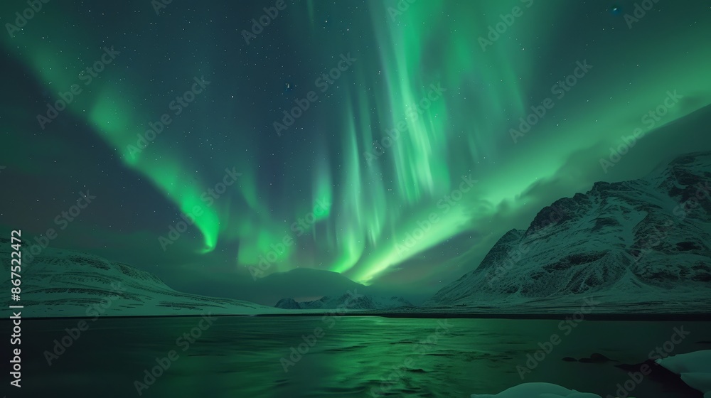 Naklejka premium The ethereal glow of the aurora borealis in the night sky is a spectacular natural phenomenon that captivates and inspires awe.