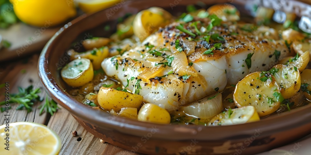 Closeup of Bacalhau Gomes de Sa dish with salt cod onions and potatoes. Concept Portuguese cuisine, Bacalhau Gomes de Sa, Seafood recipe, Authentic Portuguese dish Closeup of Bacalhau Gomes de Sa dish with salt cod onions and potatoes. Concept Portuguese cuisine, Bacalhau Gomes de Sa, Seafood recipe, Authentic Portuguese dish