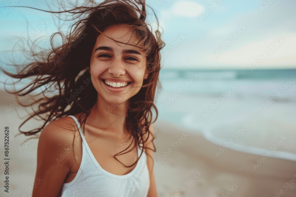 Happy Beach Girl, Smiling at the Ocean, Sunny Day, Casual Outfit, Waves in the Background Happy Beach Girl, Smiling at the Ocean, Sunny Day, Casual Outfit, Waves in the Background