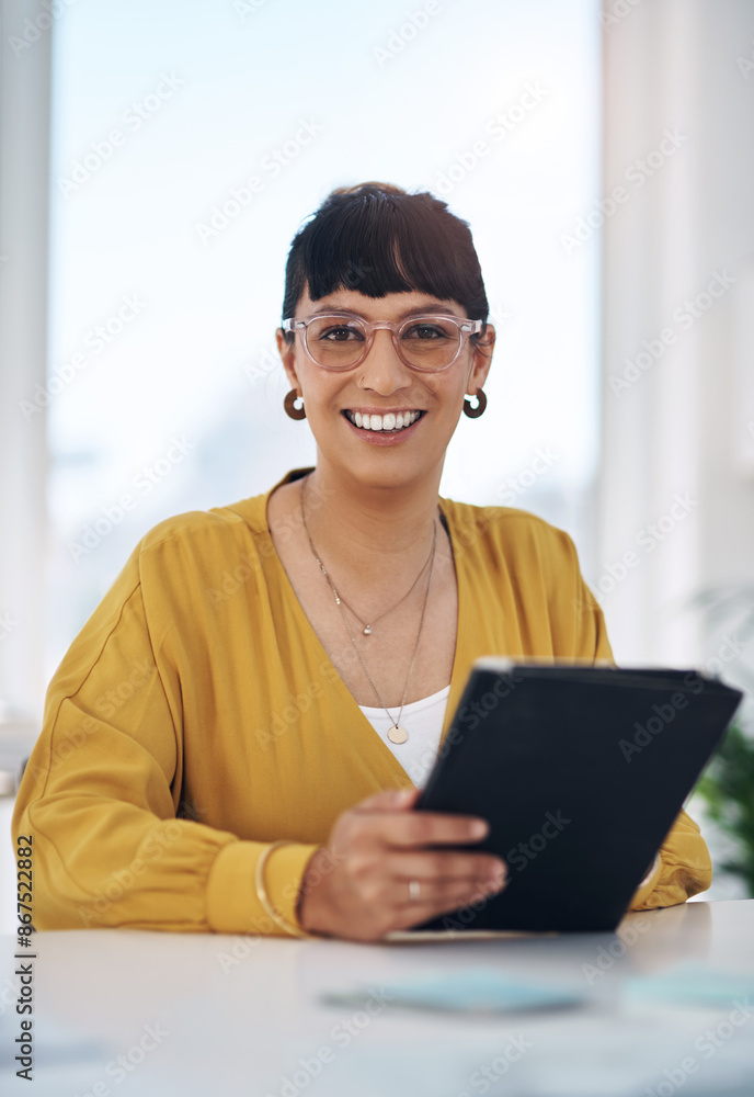 Desk, portrait and woman with tablet in office for internet, research and digital feedback on email. Developer, smile and tech with online info for software development, review and company ux report Desk, portrait and woman with tablet in office for internet, research and digital feedback on email. Developer, smile and tech with online info for software development, review and company ux report