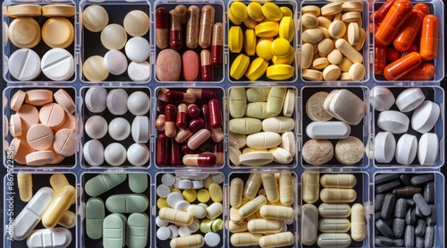 Assorted Colorful Pills and Supplements in Clear Plastic Containers