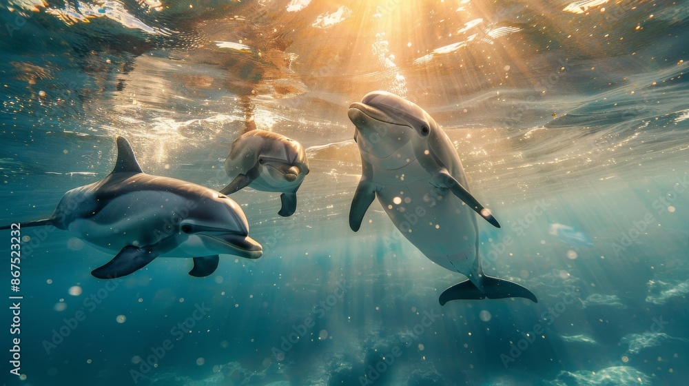 Obraz premium Three dolphins joyfully swimming underwater with golden sun rays penetrating the ocean surface, highlighting the beauty and clarity of the marine environment.