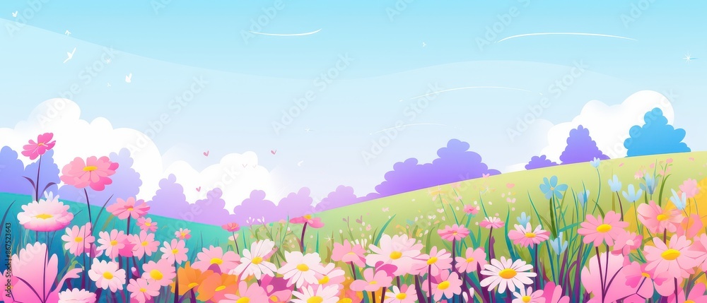 Fototapeta premium Scenic Spring Landscape with Blooming Wildflowers, Colorful cartoon drawing of meadows, hills and blue skies, perfect for nature or seasonal themes.