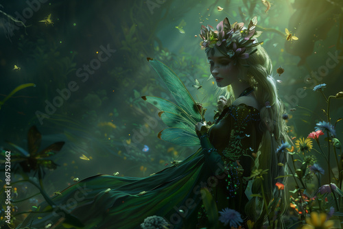 A fairy queen holding court with enchanted flowers and insects © Jirakit