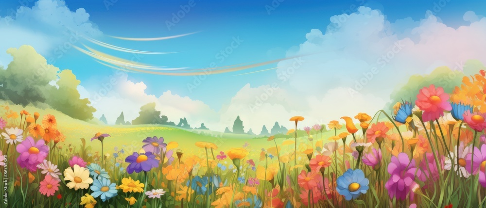 Fototapeta premium Beautiful meadow with wildflowers under blue sky and fluffy clouds, a perfect landscape for spring and summer. Concept of nature, beauty, and serenity