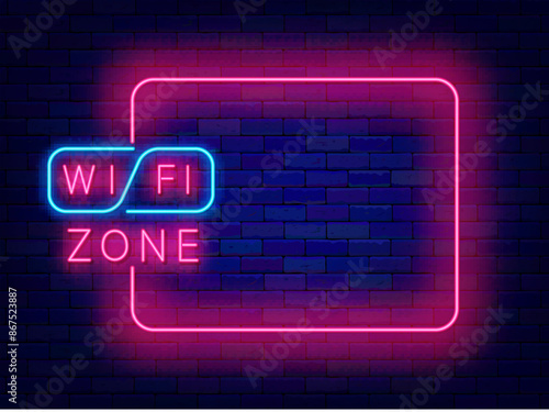 Wifi zone neon advertising. Internet online. Empty pink frame and text. Event celebration. Vector stock illustration