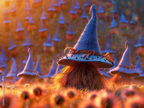 A wizard's hat leading an army of enchanted brooms on an adventure photo