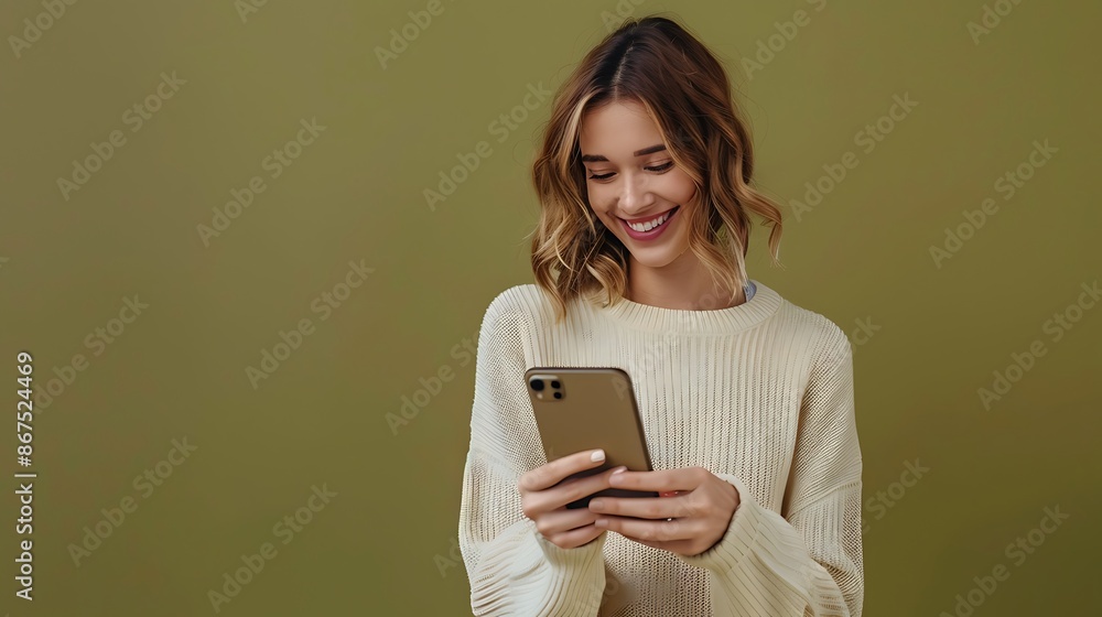 Woman using a large screen mobile device, joyful expression, olive green background. Woman using a large screen mobile device, joyful expression, olive green background.