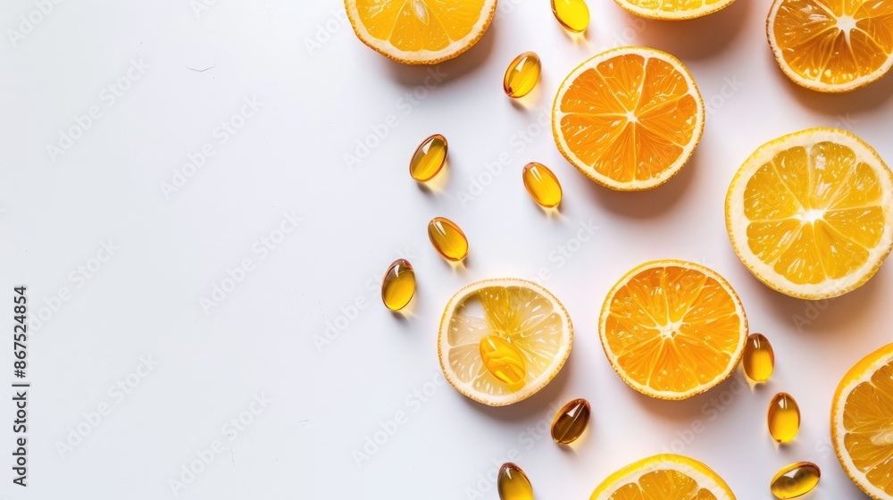 Vitamin C softgels on white background promoting immunity Vitamin C softgels on white background promoting immunity