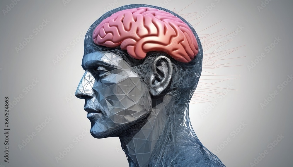 Obraz premium Male Anatomy, Power of Human Brain. Human Face Wireframe and Fractal Elements. Low Poly Design. Vector Illustration created with generative ai.