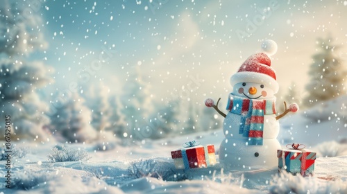 Santa Hat Snowman with Gifts in a Snowy Landscape photo