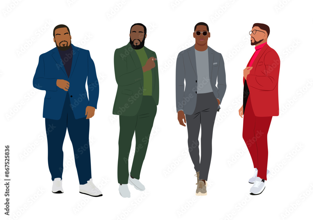 Set of black business men characters standing, walking. Handsome ...