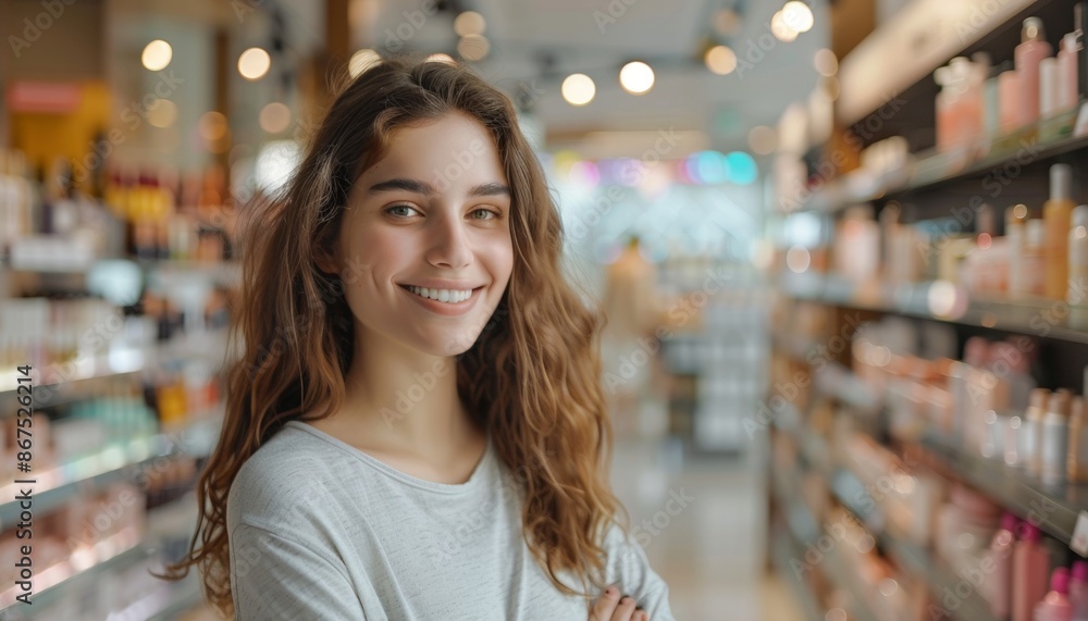 Friendly Smiling Woman in Casual Attire Inside Well-Lit Cosmetic Store Friendly Smiling Woman in Casual Attire Inside Well-Lit Cosmetic Store