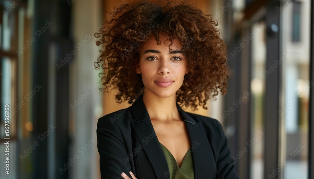 Curly-Haired Person Confidently Presenting in Professional Setting, Black Blazer and Green Top Curly-Haired Person Confidently Presenting in Professional Setting, Black Blazer and Green Top