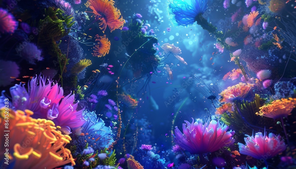 Naklejka premium Vivid Underwater Realm with Neon Colors and Surreal Plant-Like Fantastical Organisms