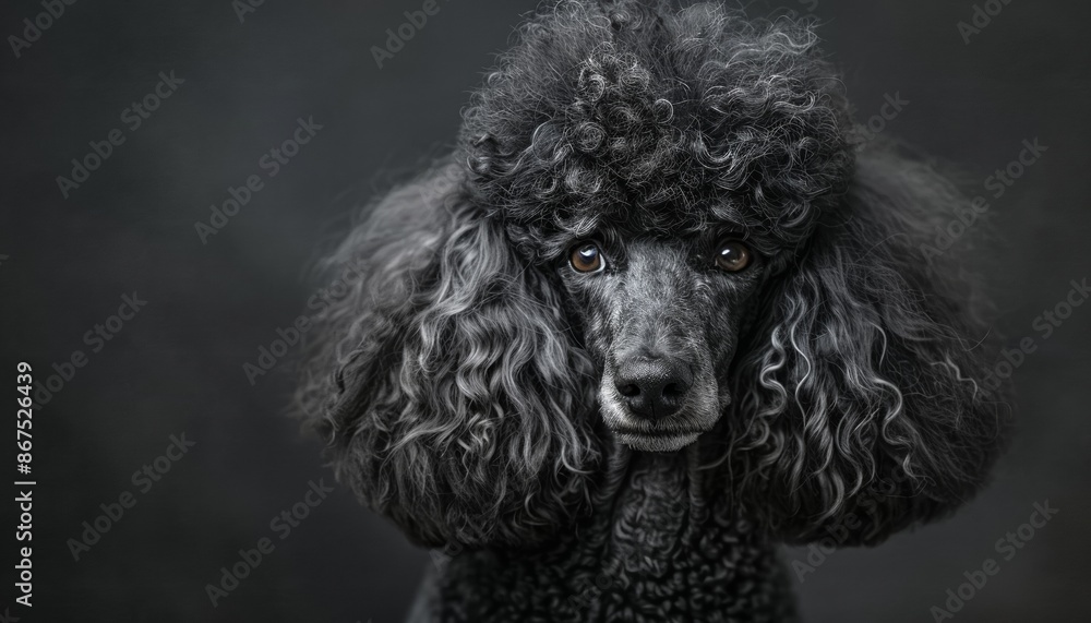Portrait of Poodle with Curly Fur, Calm Demeanor, Expressive Eyes, Dark Background, Sheep-Like Appearance Portrait of Poodle with Curly Fur, Calm Demeanor, Expressive Eyes, Dark Background, Sheep-Like Appearance