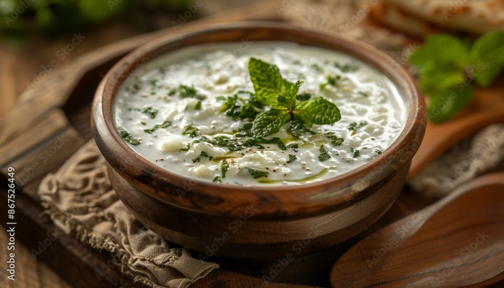 Traditional Indian Raita with Dahi in Bowl, Served with Mint, Authentic Cuisine Traditional Indian Raita with Dahi in Bowl, Served with Mint, Authentic Cuisine