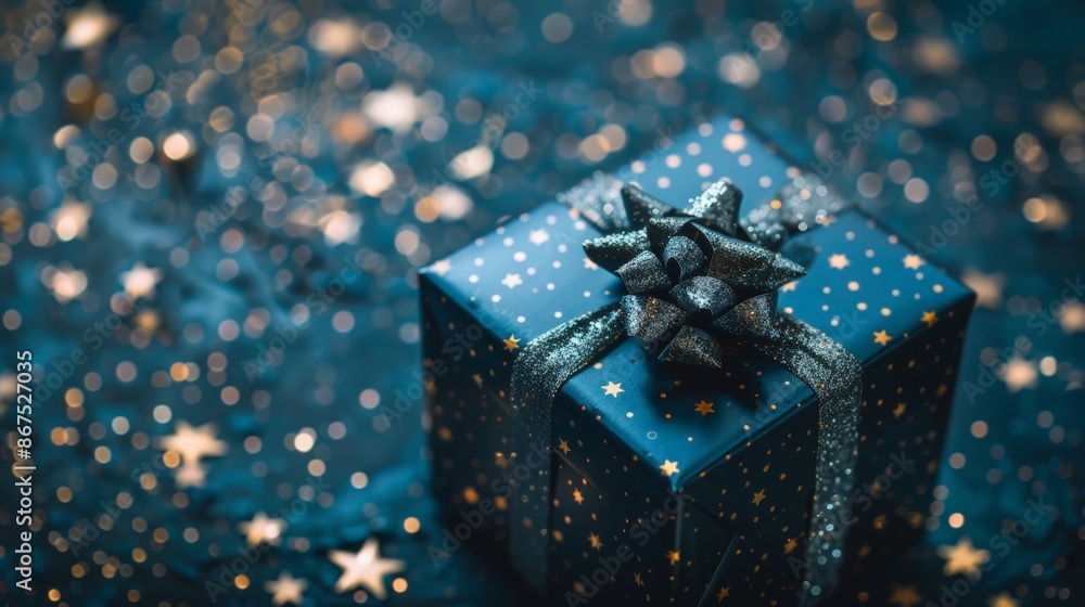 Shimmering Blue Gift Box with Gold Stars and Ribbon Shimmering Blue Gift Box with Gold Stars and Ribbon