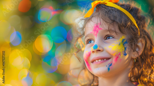 A close-up of a smiling child with colorful paint on their face, wearing a yellow ribbon. The background consists of bokeh lights in various colors creating a vibrant, festive atmosphere.