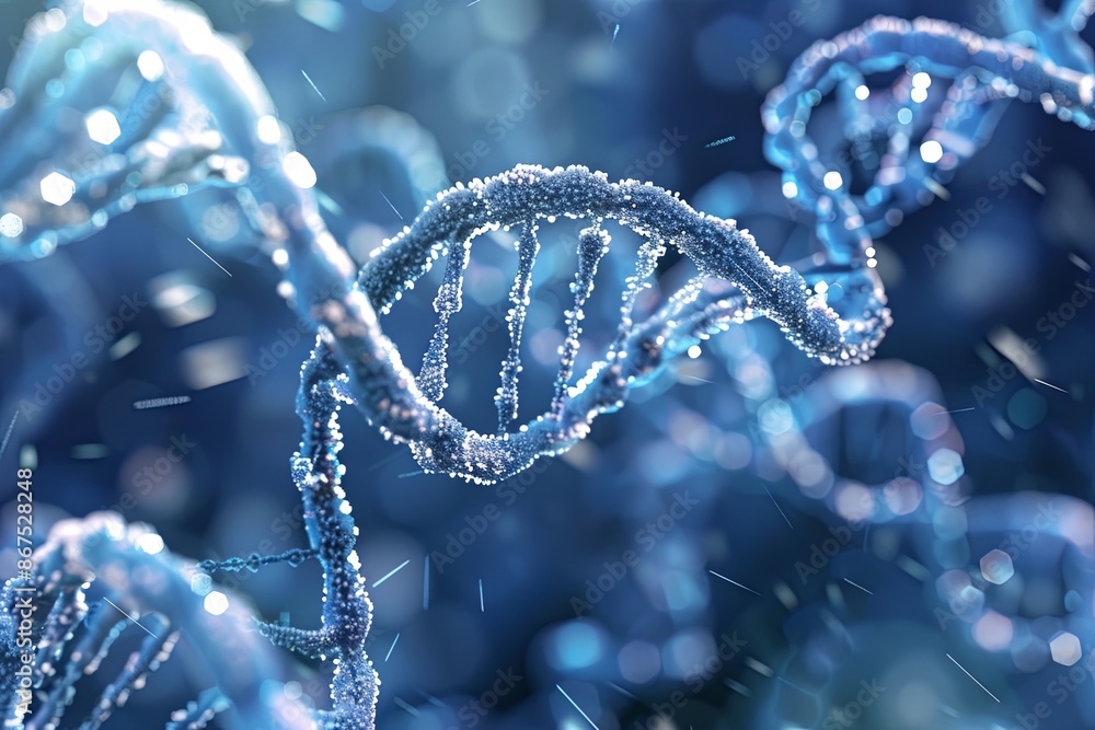 Close up of DNA double helix on blue background, pharmaceutical and biotechnology industry, genome research and specialized medicine. Close up of DNA double helix on blue background, pharmaceutical and biotechnology industry, genome research and specialized medicine.