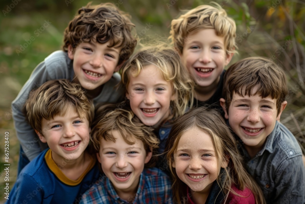 Happy Children's Group Portrait, Smiling Kids, Outdoor Family Fun Happy Children's Group Portrait, Smiling Kids, Outdoor Family Fun