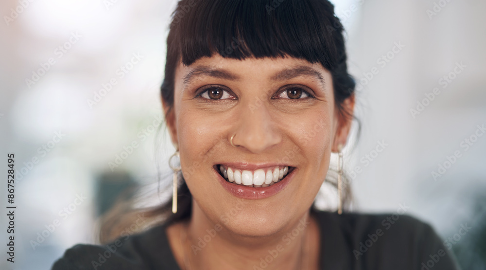 Business woman, portrait and happy in office for success, company and work as confident person. Entrepreneur, closeup and smile in workplace for creative agency, startup and career as employee Business woman, portrait and happy in office for success, company and work as confident person. Entrepreneur, closeup and smile in workplace for creative agency, startup and career as employee