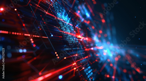 Abstract tech banner with blue, red geometric shapes. Concept for science, futuristic energy technology. Light rays, lines with light, speed, motion blur against a dark background.